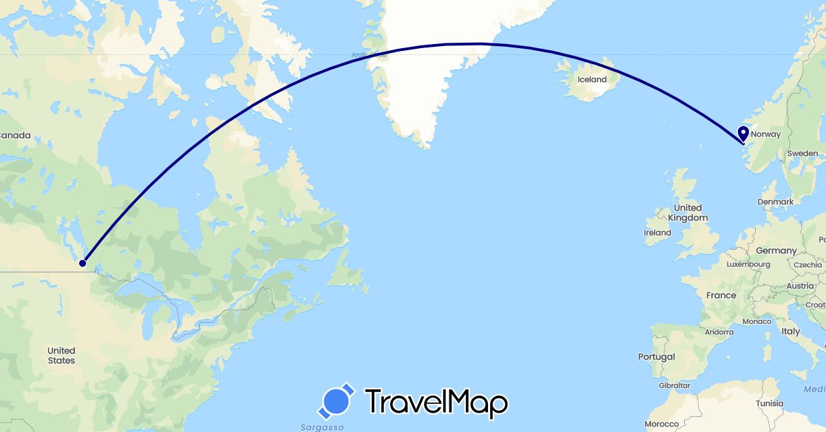 TravelMap itinerary: driving, plane in Canada, Norway (Europe, North America)
